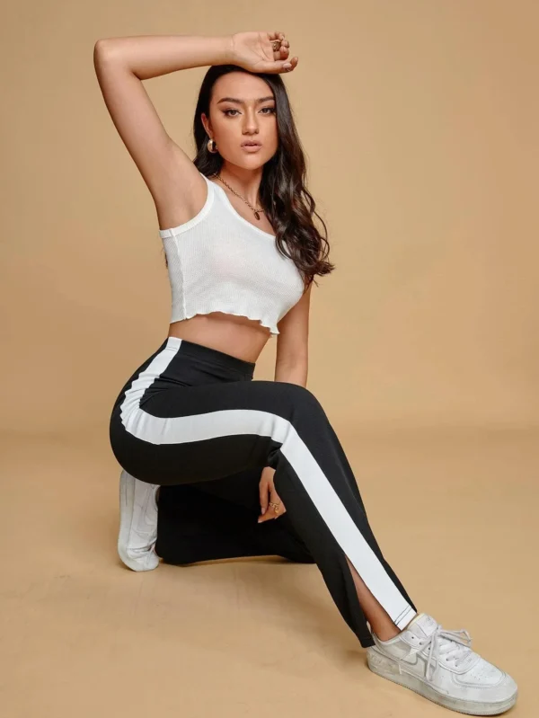 Women Fashion M-3XL Harem Pants Casual Contrast Side Seam Pants Tights Trousers Split Hem Sweatpants - Image 3