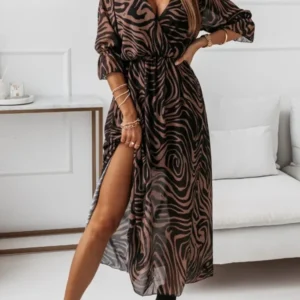 Chiffon Summer Dresses Women 2024 Elegant A-line Flower Office Spring Long Sleeve V-Neck Floral Maxi Dresses for Women Vestido