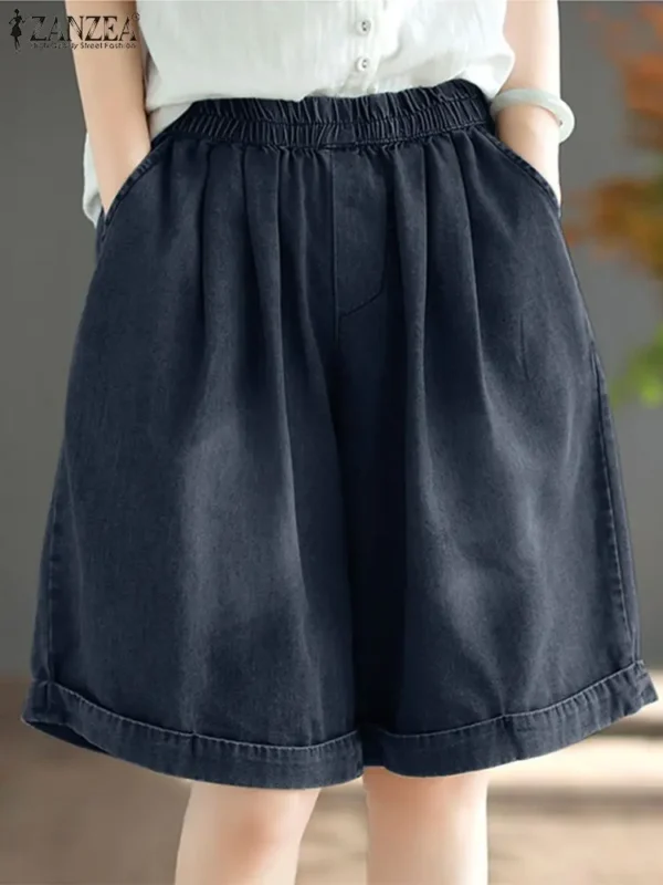 ZANZEA Casual Loose Elastic Waist Shorts Women 2024 Fashion Denim Solid Wide Leg Short Pants Summer Leisure Daily Jeans Trousers - Image 2