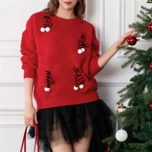 Lamuusaa Christmas Sweaters Women Cute Bow Decor Round Neck Long Sleeve Pullover Knitted Tops Fall Winter Clothes Streetwear