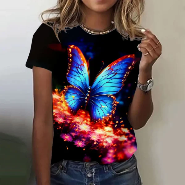 2024 Fashion Woman T Shirt 3D Butterfly Print Crew Neck Short Sleeve Tee Luxury Female T-shirts Oversized Y2k Clothing For Girls - Image 4