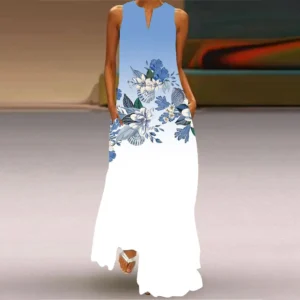 New Women's V-Neck Fashion Vest Long Skirt Casual Flower Print Maxi Skirt Evening Party Summer Comfortable And Breathable Dress