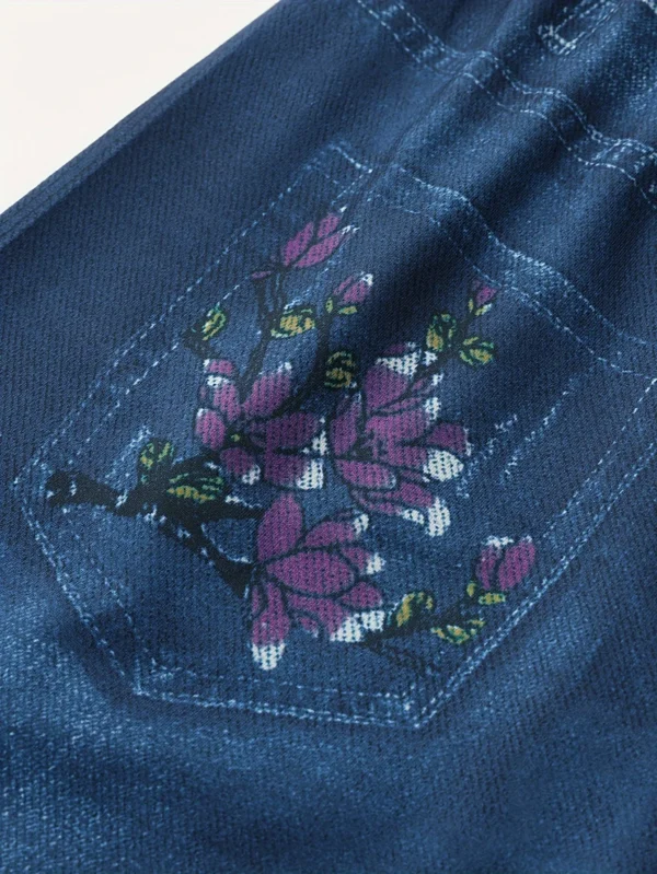 Floral Print Deep Blue Imitation Denim Slim Fitting Shorts For Women's Casual Leggings With High Elasticity And Comfort - Image 5