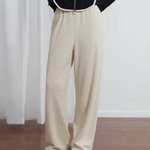 DUSHU Casual Long and Short Code Elastic Waist Design Loose Straight Leg Pants for Women Autumn New All-match Solid Color Pants