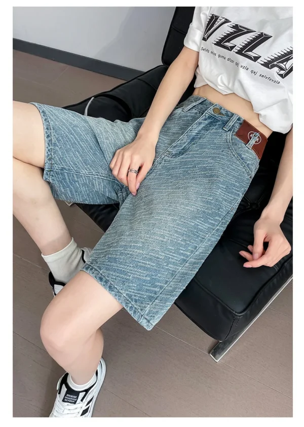 Women's Youthful Moustache Bermuda Denim Shorts, Y2K/2000s High-rise Jorts, knee-length Straight Jeans Shorts - Image 3