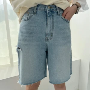 REALEFT Spring Summer Side Hole Women's Denim Shorts 2024 New Casual Korean Blue Loose Jeans Pants Pockets Female