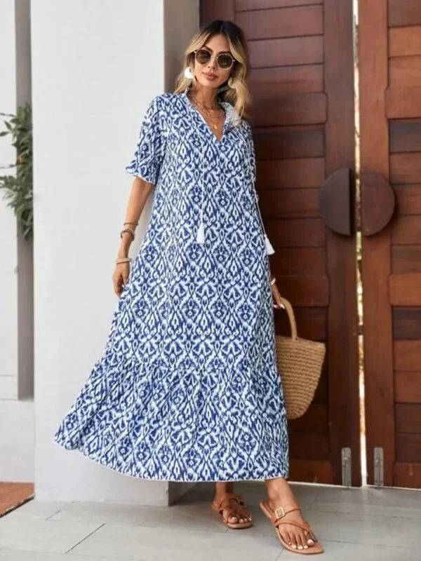 Women's Summer Chiffon V Neck Short Sleeve Floral Flowy A Line Maxi Dress Boho Flounce Tiered Swing Long Beach Dresses ON SALE - Image 6