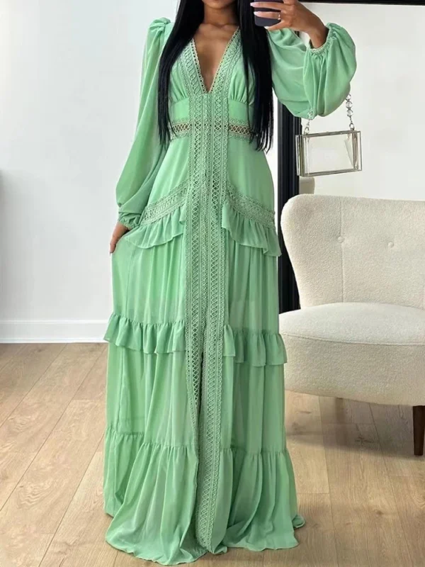Deep V Neck Spring Autumn Patchwork Party Dress, Women Long Sleeve Hollow Out Maxi Dress, New Fashion Solid Ladies Dress Vestido - Image 2