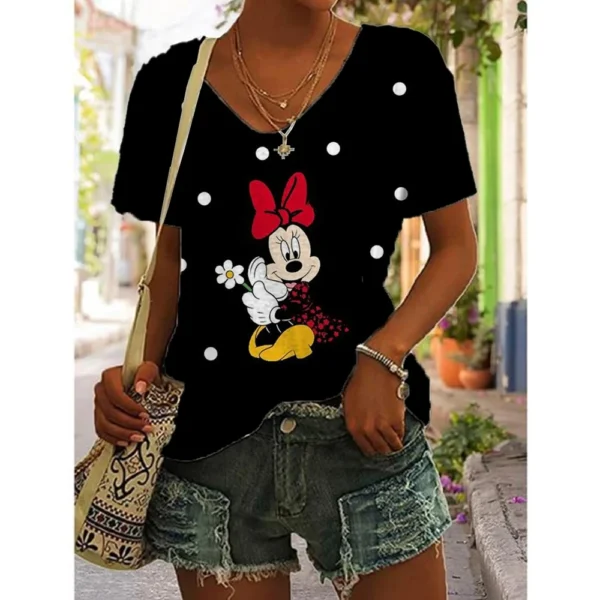 Disney Minnie Mouse T-Shirt Women Summer Fashion V-Neck Tops Tees Female Casual Short Sleeve Clothing Cartoon Outfit Streetwear - Image 2