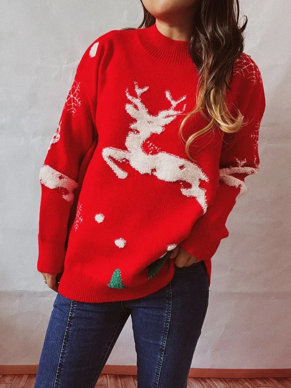 Women's Christmas Tree Fawn Knit Sweater Women's Elk Pattern Small Turtleneck Long Sleeve Knit Winter Wear Red/Black S/M/L/XL - Image 2