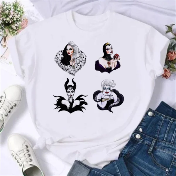 Summer Disney Cartoon Spoof Villain Princess Fun Printing Tops 90s Anime T-shirt Summer Y2K Women's Fashion Cotton T-shirt - Image 3