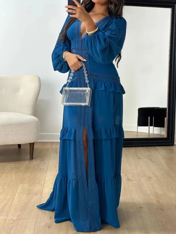 Deep V Neck Spring Autumn Patchwork Party Dress, Women Long Sleeve Hollow Out Maxi Dress, New Fashion Solid Ladies Dress Vestido - Image 3