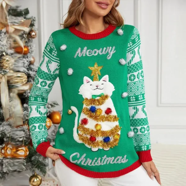 Autumn/winter New Jacquard Pullover Christmas Christmas Sweater Cartoon Kitten Embroidered Red Sweater - Image 6