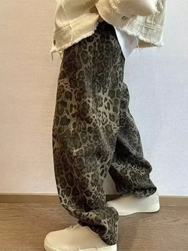 Y2k High Street Cheetah Print Jeans For Male Oversized Wide Leg High Waisted Cargo Pants Men's Casual Leopard Print Trousers - Image 4