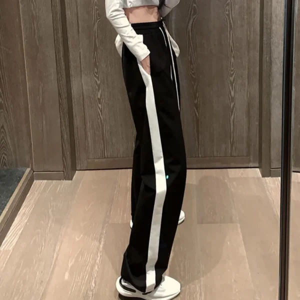 Korean Trend Drawstring High Waist Sweatpants Femme Casual Spring Autumn Side Stripe Patchwork Pockets Loose Wide Leg Trousers - Image 3