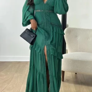 Deep V Neck Spring Autumn Patchwork Party Dress, Women Long Sleeve Hollow Out Maxi Dress, New Fashion Solid Ladies Dress Vestido