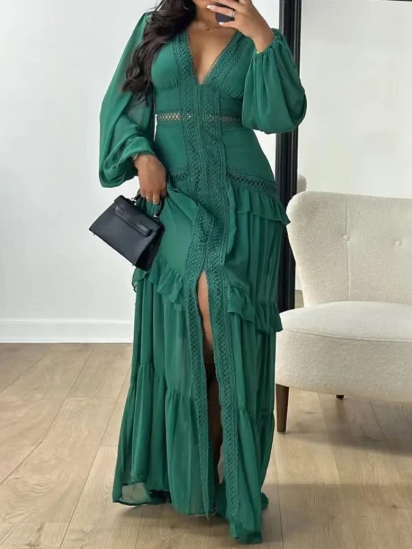 Deep V Neck Spring Autumn Patchwork Party Dress, Women Long Sleeve Hollow Out Maxi Dress, New Fashion Solid Ladies Dress Vestido
