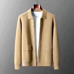 New 2023 Autumn/Winter Cashmere Cardigan Men's Polo Neck Sweater Long Sleeve Knitted Business Casual Wool Sweater Solid Color