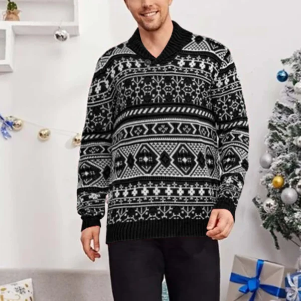 2023 Autumn Winter Loose Christmas Sweater Men New Style Snowflakes Fashion Black White Pullovers Male O-Neck Sweaters Top - Image 3