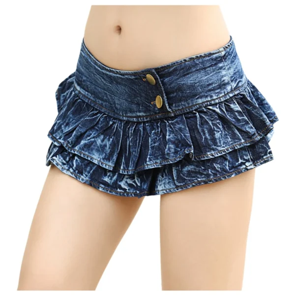 Sexy Ruffle Pleated Denim Mini Shorts Vintage Ultra Short Skirt Low Waist Cake Shorts Women Nightclub Street Dance Miniskirt - Image 4