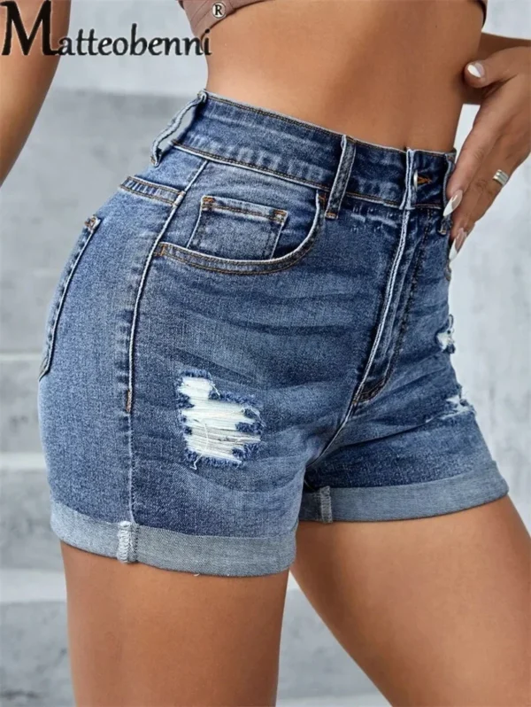 Fashion Trend Broken Holes Three Quarter Pants Summer Women's Casual Streetwear Slim Fit Button Splicing Denim Shorts Female New - Image 4