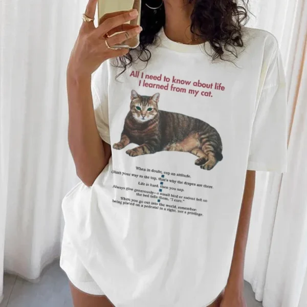 Female Vintage Cat Funny Quotes Graphic T-Shirts Short Sleeve Cute Mom Tee Shirt Lover Shirt Women Loose Aesthetic Tops