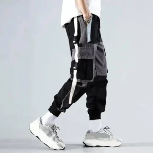 Men Color-blocked Cargo Pants Men's Cargo Pants with Multi Pockets Deep Crotch Buckle Decor Stylish Streetwear Trousers for Hip