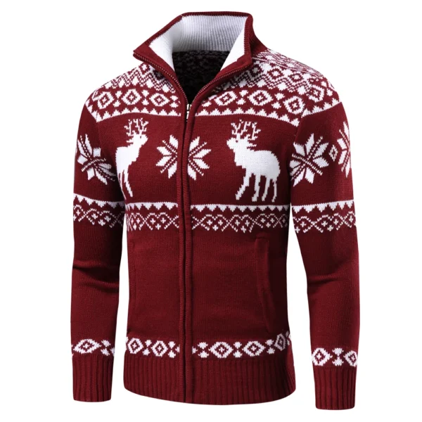 Men Autumn New Casual Jacquard Christmas Pattern Zip Sweater Cardigan Jacket Men Winter Long Sleeve Mock Neck Sweater Pullover - Image 4