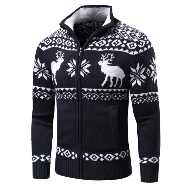 Men Autumn New Casual Jacquard Christmas Pattern Zip Sweater Cardigan Jacket Men Winter Long Sleeve Mock Neck Sweater Pullover - Image 3