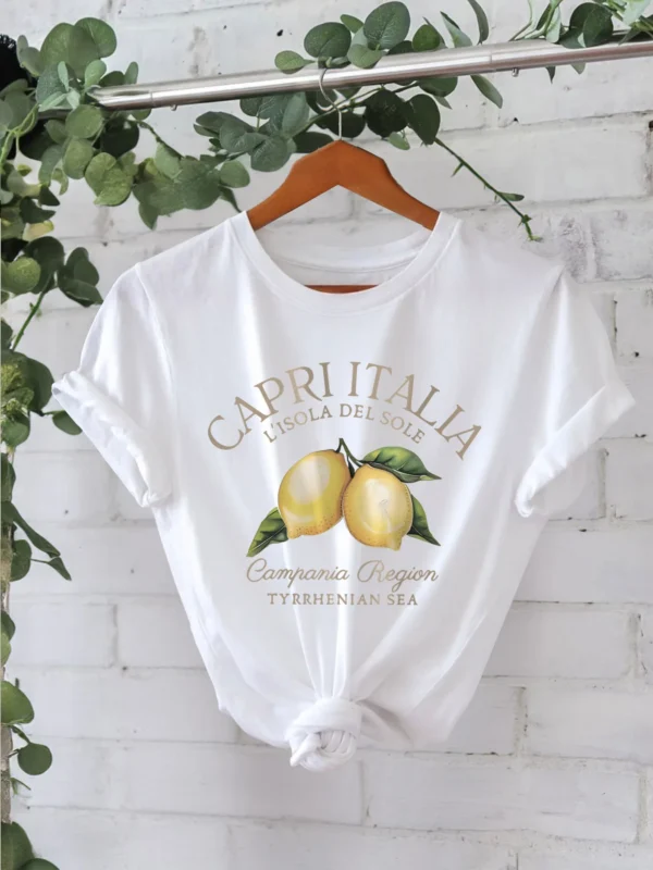 Lemon Print T-shirt Short Sleeve Crew Neck Casual Top for Summer & Spring Women's Clothing