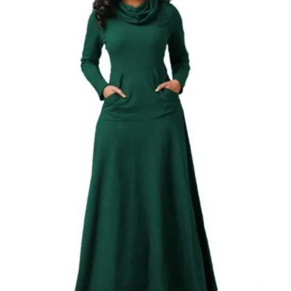 Plus Size 5XL Elegant Long Maxi Dress Autumn Winter Warm High Collar Women Long-sleeved Dress 2023 Woman Clothing With Pocket - Image 3