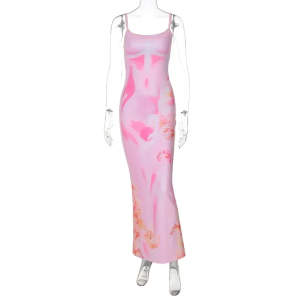 Women's Sleeveless Maxi Dress U-neck Flower Print Spaghetti Strap Bodycon Female Evening Party Dress Summer Casual Long Dress - Image 2