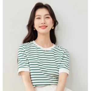 Vimly Contrast Striped Cotton Short Sleeve Women's T-shirt 2024 Summer Woman Simple Loose Casual Round Neck Pullovers Top M6563