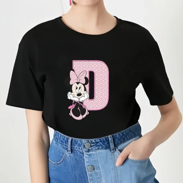Hot Sale Woman Black T-shirt Cartoon Minnie Mickey Letter Print Kids Summer Girls Cotton Casual T-shirt round Neck short sleeve - Image 5