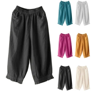 Loose Wide Leg Pants Women Summer Retro Cotton Solid Color Cropped Pants Baggy Wide Leg Sweatpants Streetwear Cargo Pants