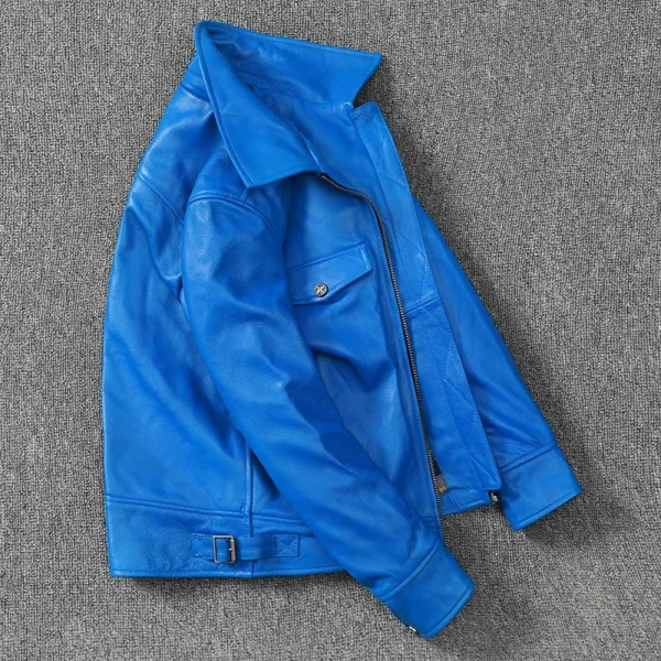 Free shipping.fashion brand men leather jacket.blue slim cowhide leather garments.dropship cheap leather clothes.Plus size - Image 2