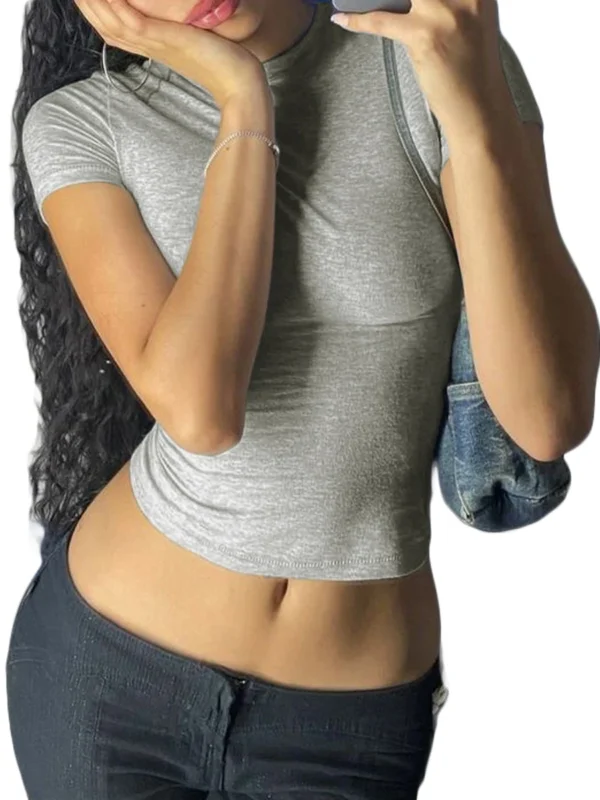 Women Basic Tees Short Sleeve Crew Neck Crop Tops Solid Fit Tight T Shirts Going Out Tops Y2K Summer Streewear - Image 2