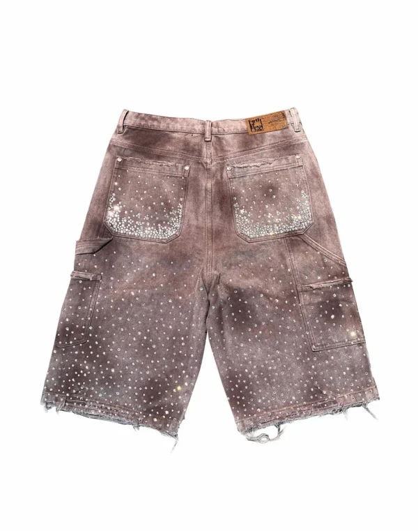 New Streetwear Twinkle Diamond Rivet Denim Shorts Harajuku Goth Retro Washed Brown Shorts High Waist Pants Mens Womens Clothing - Image 3