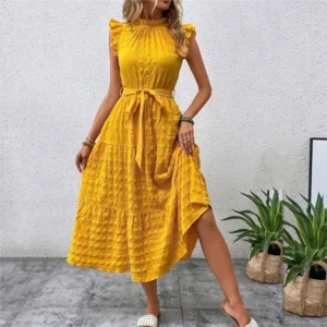 Women Holiday Beach Maxi Dress Sexy Flying Sleeveless Lace Up Elegant Party Korean O Neck Long Ruffles Dresses Vacation Robes
