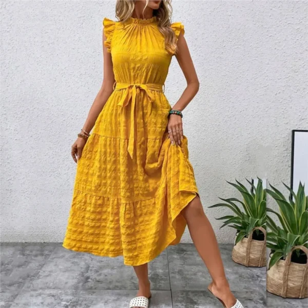 Women Holiday Beach Maxi Dress Sexy Flying Sleeveless Lace Up Elegant Party Korean O Neck Long Ruffles Dresses Vacation Robes