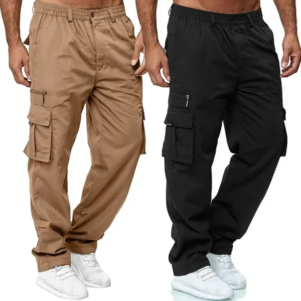 Men's Overalls Outdoor Sports and Leisure Multi-pocket Loose Straight Pants Solid Color Elastic Waist Button Combat Overalls - Image 4