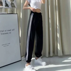 High Waist Striped Patchwork Sports Pants All-match Youth Casual Straight Pants Spring Autumn Fashion Vintage Women Clothing