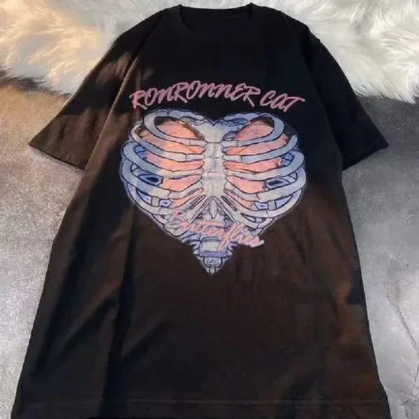 Harajuku Oversized Women's T-shirt Heart-shaped Skull Print T Shirt Short Sleeve Clothes O-neck Loose Streetwear Tops Y2K - Image 5