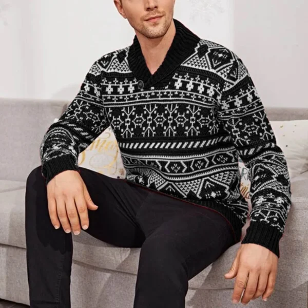 2023 Autumn Winter Loose Christmas Sweater Men New Style Snowflakes Fashion Black White Pullovers Male O-Neck Sweaters Top - Image 2