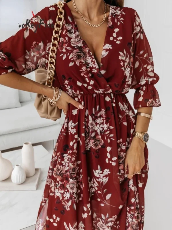 Chiffon Summer Dresses Women 2024 Elegant A-line Flower Office Spring Long Sleeve V-Neck Floral Maxi Dresses for Women Vestido - Image 4