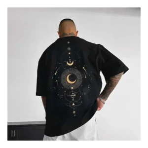 Large size Men's T-shirt Summer men's oversized "Star spine" print loose casual T-shirt Super cool printed black pullover top