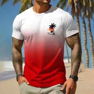 Summer New Men's Round Neck T-shirt Fashion Gradient Printing Short-sleeved Tops Men Vacation Hawaii Beach Surfing Short-sleeved