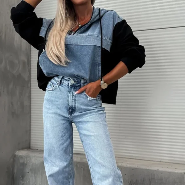 Elegant Women Denim Female Hoodie Sweatshirt 2024 Fashion Stitching Drawstring Hooded Ins High Street Jeans Long Sleeve Hoodie - Image 2