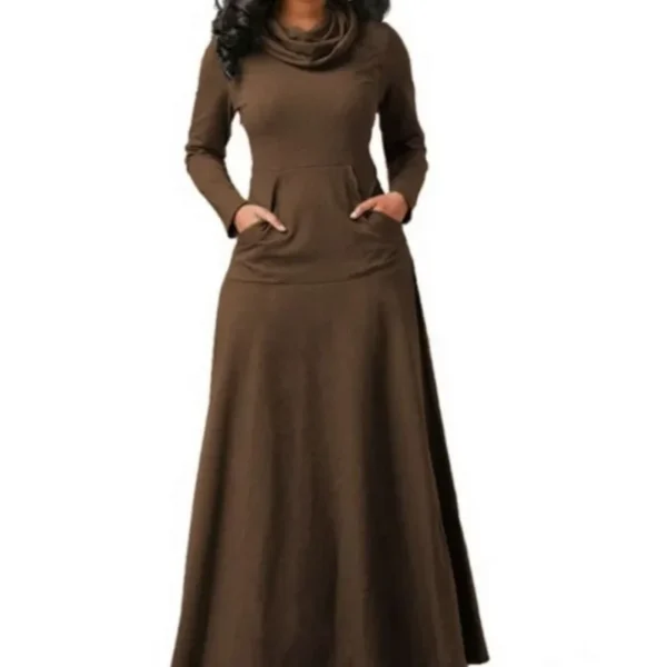 Plus Size 5XL Elegant Long Maxi Dress Autumn Winter Warm High Collar Women Long-sleeved Dress 2023 Woman Clothing With Pocket - Image 5