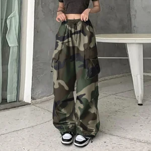 Womens Baggy Cargo Streetwear Camo Print Pants Hip Hop Style Joggers Sweatpants Drawstring Plus Size Cropped Pants шорты Y2k